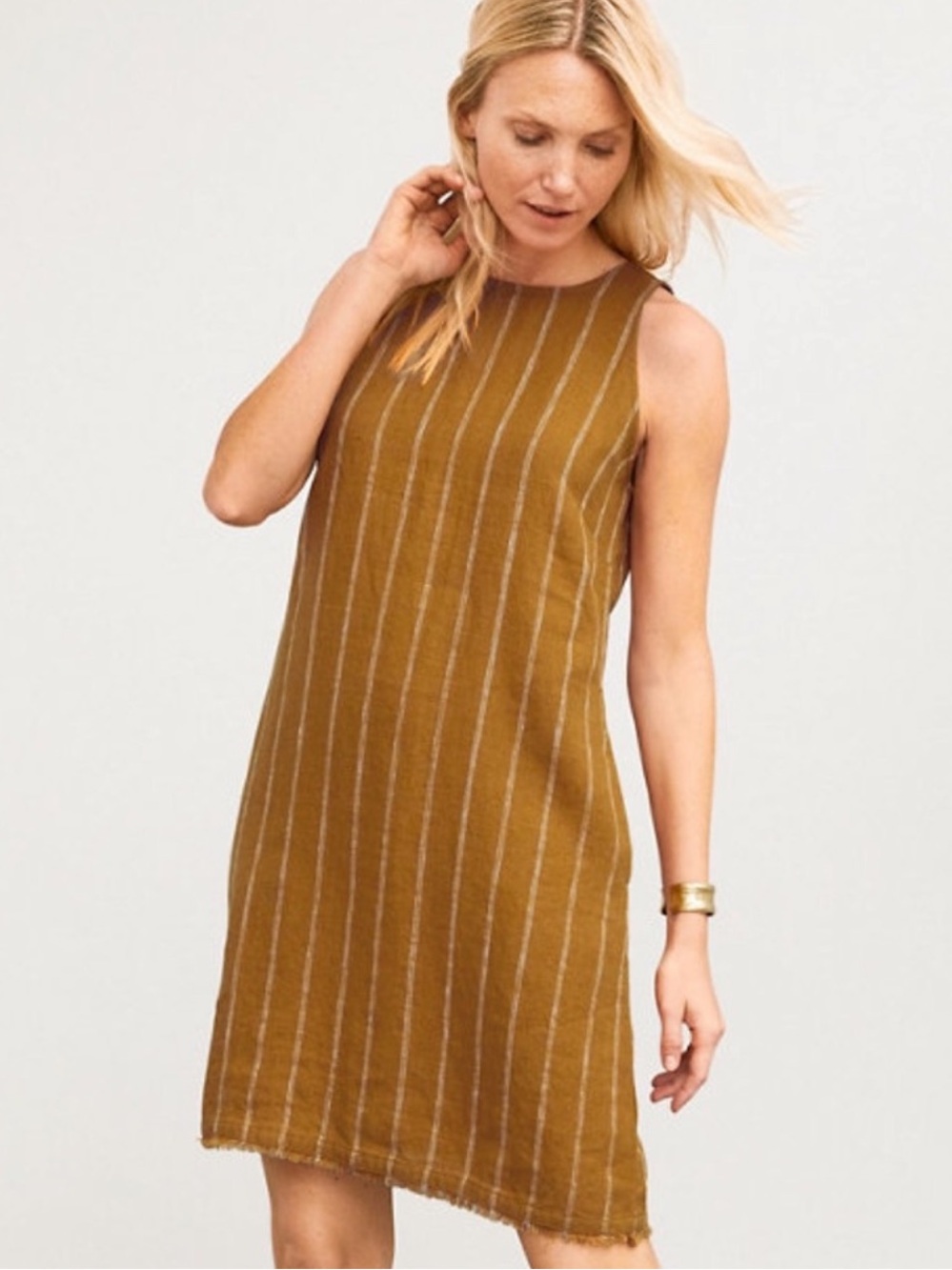 Garnet Hill 100% Linen Fringe Hem A-Line Sleeveless Dress in Mustard Striped 6